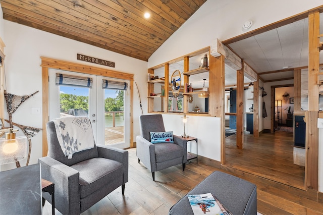 13491 80th St NW, Annandale, MN 55302 - living area featuring french doors, lofted ceiling, wood-type flooring, wood ceiling, and recessed lighting