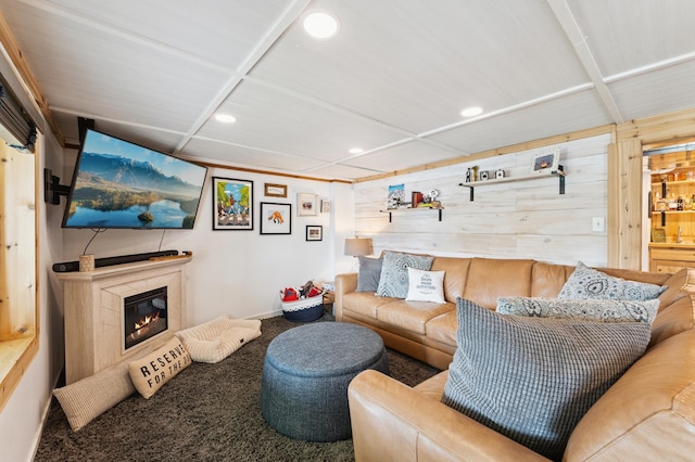 13491 80th St NW, Annandale, MN 55302 - carpeted living room with recessed lighting, a high end fireplace, and wood walls