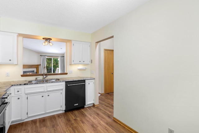 2672 Lake Court Dr Unit 58, Mounds View, MN 55112 - kitchen featuring dishwasher, dark wood-style flooring, white cabinetry, range, and light stone counters