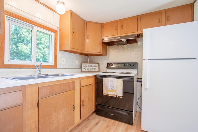 N6050 270th St, Lucas Twp, WI 54751 - kitchen with freestanding refrigerator, black electric range oven, under cabinet range hood, light wood-type flooring, and light countertops