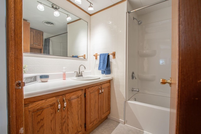 N6050 270th St, Lucas Twp, WI 54751 - bathroom with vanity, shower / bathtub combination with curtain, and tile patterned floors