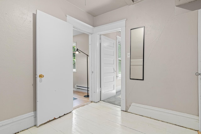 1066 Woodbridge St, Saint Paul, MN 55117 - corridor with a baseboard heating unit and wood finished floors