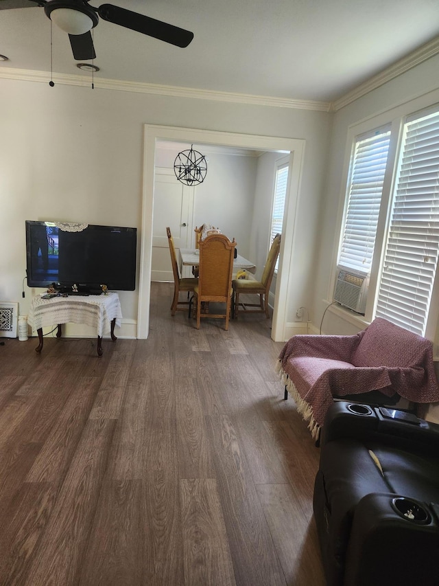 2611 Longfellow Ave, Minneapolis, MN 55407 - living area with wood finished floors, ceiling fan, ornamental molding, and cooling unit