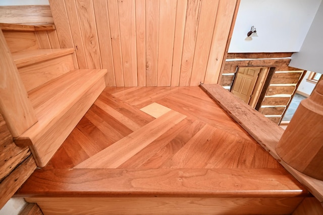 S3093 Baertsch Valley Rd, Cross Twp, WI 54629 - staircase with a sauna / steam room and wooden walls