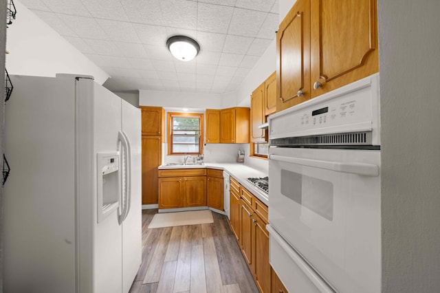 4334 Thomas Ave N, Minneapolis, MN 55412 - kitchen with white appliances, light wood-style flooring, brown cabinets, a warming drawer, and light countertops