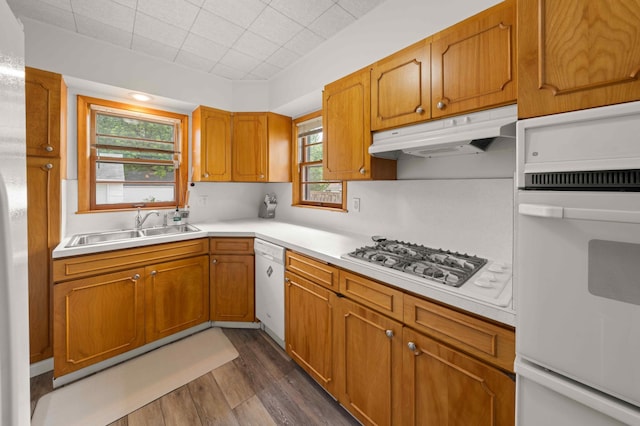 4334 Thomas Ave N, Minneapolis, MN 55412 - kitchen featuring white appliances, under cabinet range hood, dark wood finished floors, and plenty of natural light