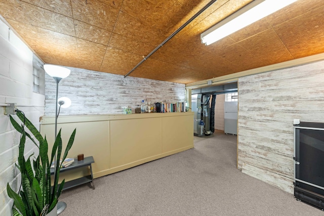 4334 Thomas Ave N, Minneapolis, MN 55412 - bar featuring freestanding refrigerator, carpet, wooden walls, and heating unit