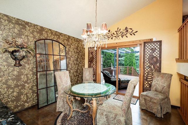 15 Fremont Dr S, Fargo, ND 58103 - dining area featuring wallpapered walls, a chandelier, vaulted ceiling, and tile patterned flooring