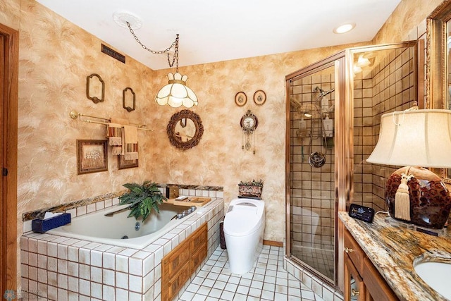 15 Fremont Dr S, Fargo, ND 58103 - bathroom featuring a bath, tile patterned floors, a shower stall, vanity, and wallpapered walls