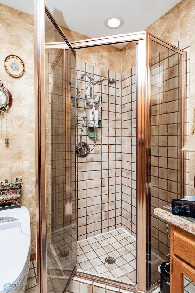 15 Fremont Dr S, Fargo, ND 58103 - bathroom featuring a stall shower and wallpapered walls