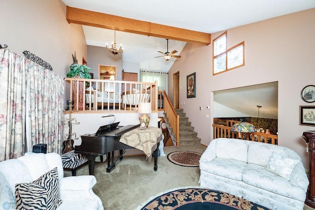 15 Fremont Dr S, Fargo, ND 58103 - living area with beamed ceiling, a chandelier, carpet flooring, stairway, and ceiling fan