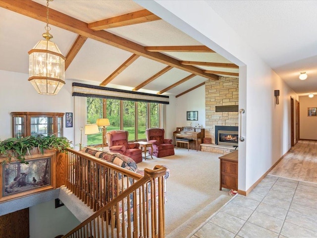 15170 141st Ave, Wadena, MN 56482 - living room with a fireplace, light tile patterned flooring, a chandelier, and light colored carpet