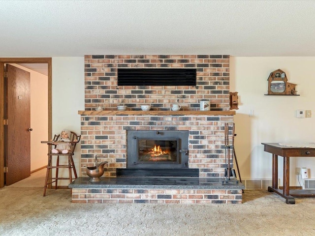 15170 141st Ave, Wadena, MN 56482 - detailed view of carpet, a brick fireplace, and a textured ceiling