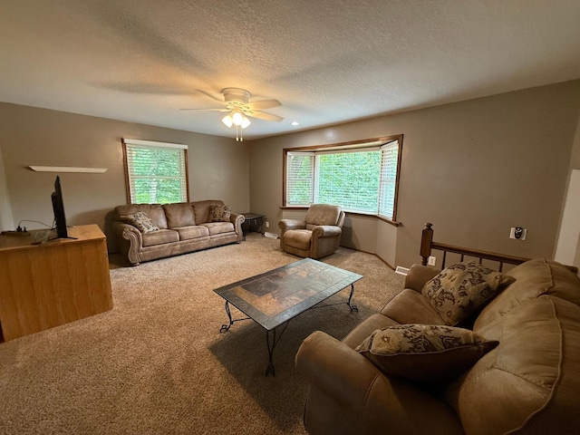 4527 Cushing Ave NW, Buffalo, MN 55313 - carpeted living area featuring ceiling fan, healthy amount of natural light, and a textured ceiling