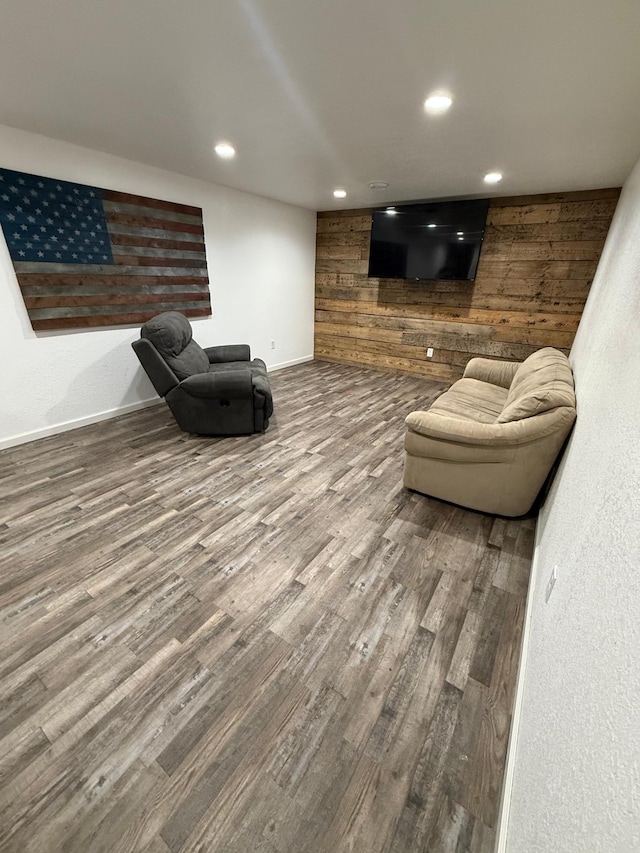 4527 Cushing Ave NW, Buffalo, MN 55313 - living area with wood finished floors, wooden walls, and recessed lighting