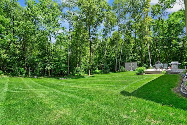 15784 103rd St SE, Becker Twp, MN 55308 - view of green lawn featuring a shed and a wooden deck