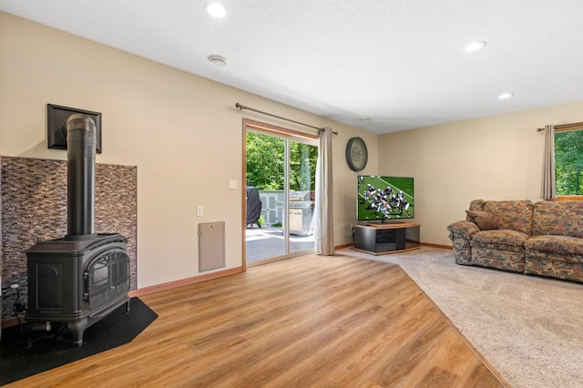15784 103rd St SE, Becker Twp, MN 55308 - living area featuring wood finished floors, plenty of natural light, recessed lighting, and a wood stove