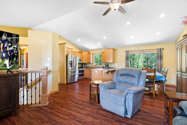 15784 103rd St SE, Becker Twp, MN 55308 - living area featuring vaulted ceiling, dark wood-style floors, a ceiling fan, and recessed lighting