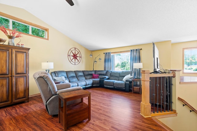 15784 103rd St SE, Becker Twp, MN 55308 - living room featuring dark wood-type flooring, vaulted ceiling, and plenty of natural light