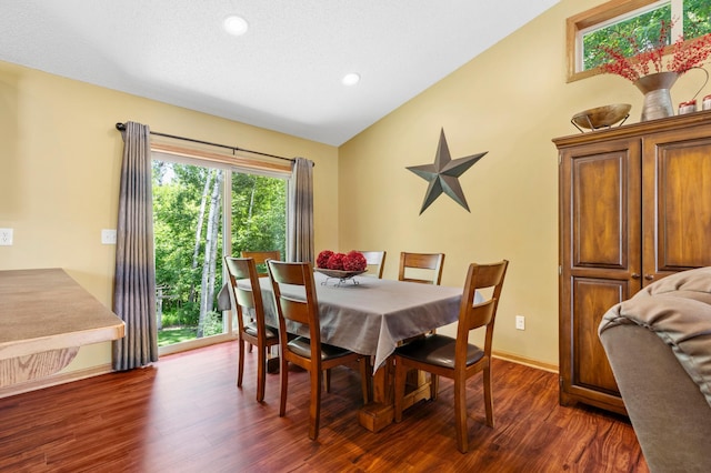 15784 103rd St SE, Becker Twp, MN 55308 - dining space with lofted ceiling, dark wood-style floors, and recessed lighting