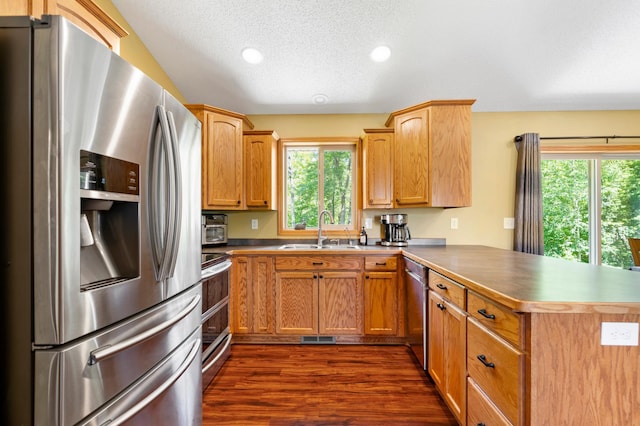 15784 103rd St SE, Becker Twp, MN 55308 - kitchen featuring appliances with stainless steel finishes, a peninsula, dark wood-type flooring, recessed lighting, and a textured ceiling