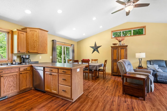 15784 103rd St SE, Becker Twp, MN 55308 - kitchen with lofted ceiling, a peninsula, open floor plan, dark wood-style flooring, and ceiling fan