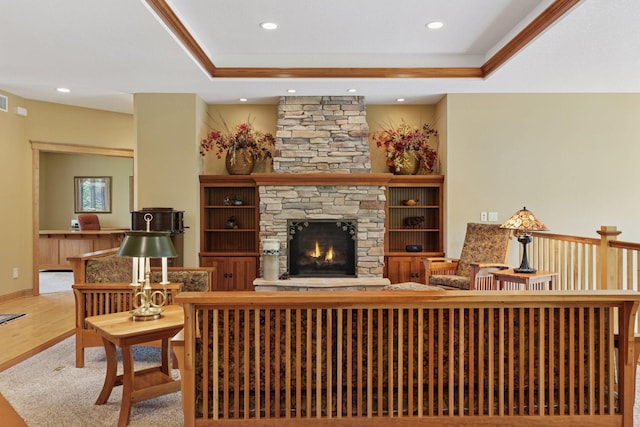 9449 Ehler Ave SE, Delano, MN 55328 - living room with wood finished floors, a fireplace, recessed lighting, and ornamental molding