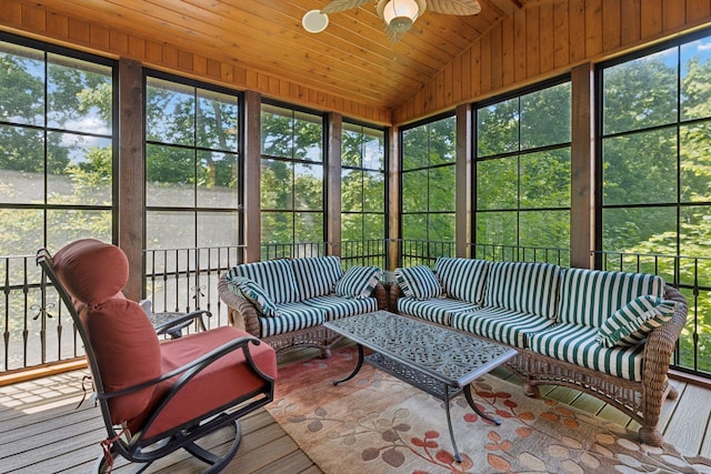 9449 Ehler Ave SE, Delano, MN 55328 - sunroom / solarium with an outdoor hangout area, ceiling fan, and vaulted ceiling