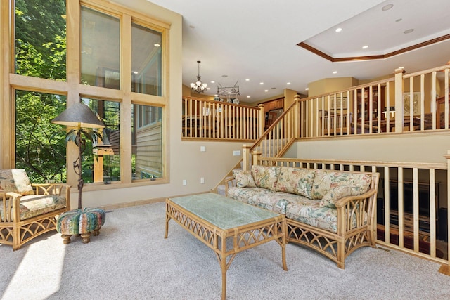 9449 Ehler Ave SE, Delano, MN 55328 - living area featuring carpet flooring, recessed lighting, stairway, and a chandelier