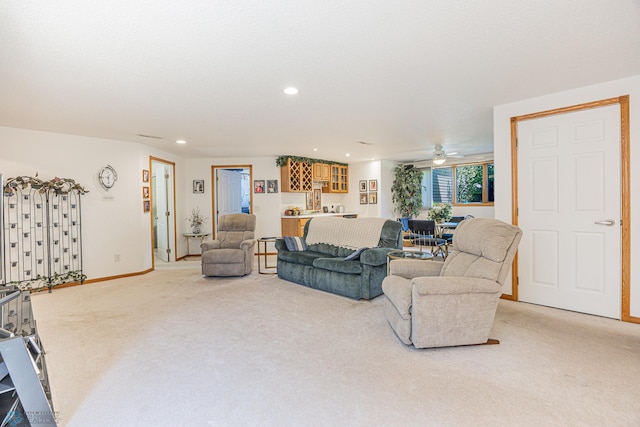 17123 Lakeview Ln, Audubon, MN 56511 - living area featuring light colored carpet, a ceiling fan, and recessed lighting