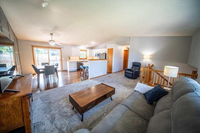 724 50th Ave NW, Rochester, MN 55901 - living area with lofted ceiling, ceiling fan, and wood finished floors