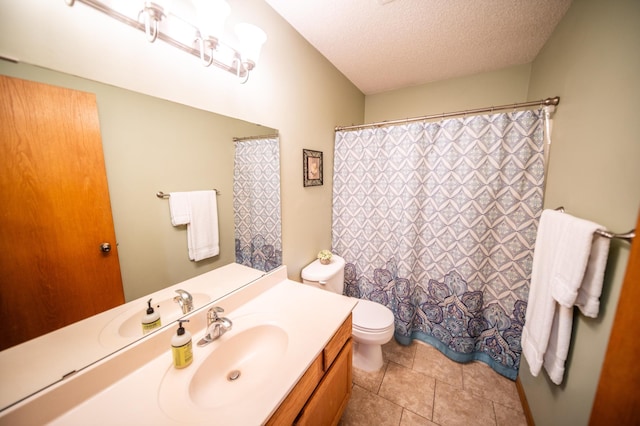 724 50th Ave NW, Rochester, MN 55901 - bathroom with vanity, a textured ceiling, tile patterned flooring, and a shower with shower curtain