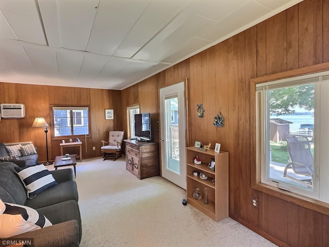 11436 Hoyer Ave NW, Annandale, MN 55302 - living room featuring healthy amount of natural light, wood walls, light colored carpet, and a wall mounted air conditioner