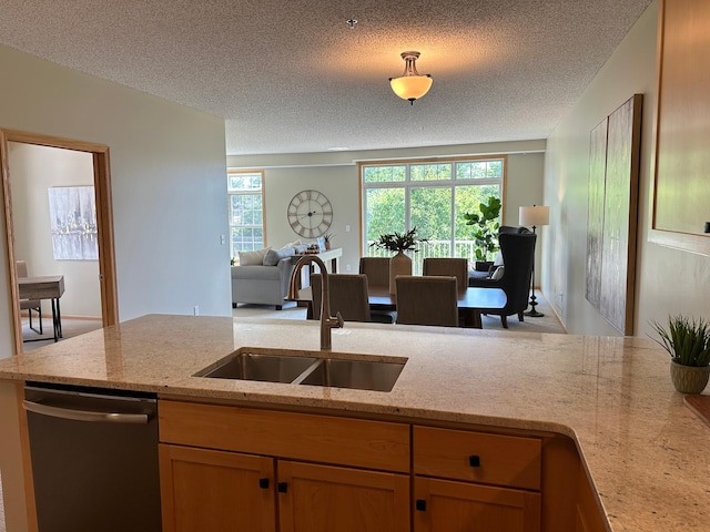 2100 Old School Rd Unit 206, Mound, MN 55364 - kitchen featuring stainless steel dishwasher, a textured ceiling, plenty of natural light, open floor plan, and light stone countertops