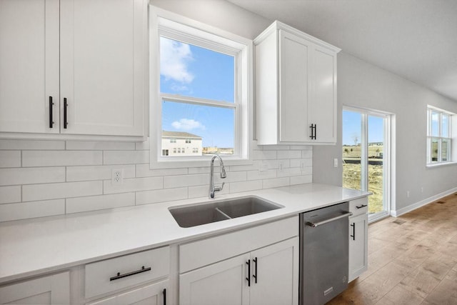 898 Laurel Ct, Chaska, MN 55318 - kitchen featuring stainless steel dishwasher, tasteful backsplash, white cabinetry, light wood finished floors, and light countertops