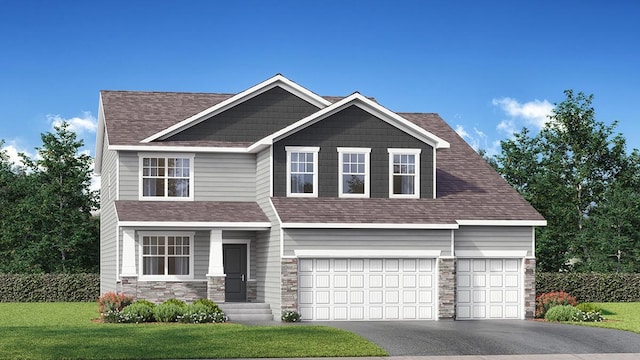 898 Laurel Ct, Chaska, MN 55318 - craftsman house featuring a front yard, stone siding, driveway, an attached garage, and roof with shingles