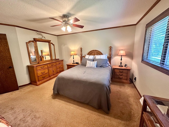 1201 Morningside Cir, Marshall, MN 56258 - bedroom with light carpet, ornamental molding, a textured ceiling, and a ceiling fan