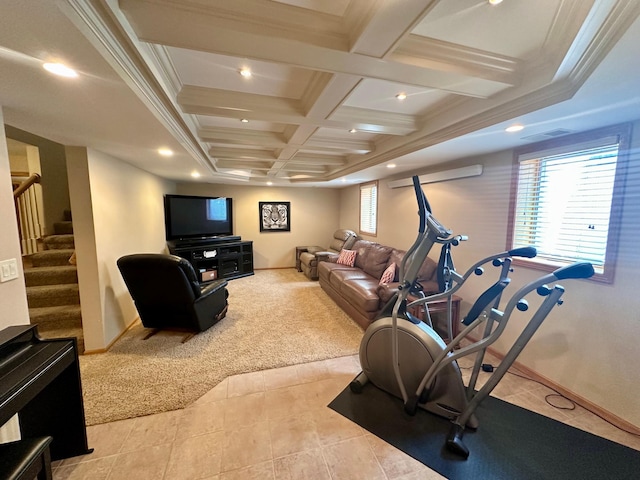 1201 Morningside Cir, Marshall, MN 56258 - workout area featuring light colored carpet, coffered ceiling, recessed lighting, light tile patterned floors, and crown molding
