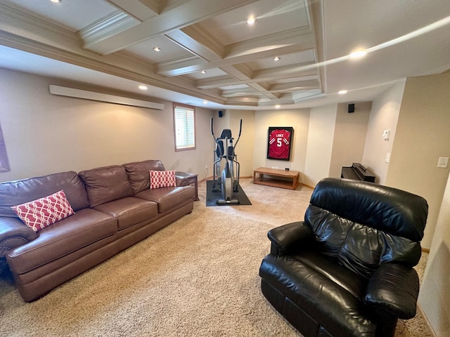 1201 Morningside Cir, Marshall, MN 56258 - living area featuring carpet flooring, beam ceiling, coffered ceiling, recessed lighting, and ornamental molding
