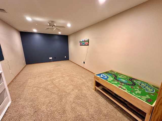 1201 Morningside Cir, Marshall, MN 56258 - rec room featuring carpet floors, ceiling fan, and recessed lighting