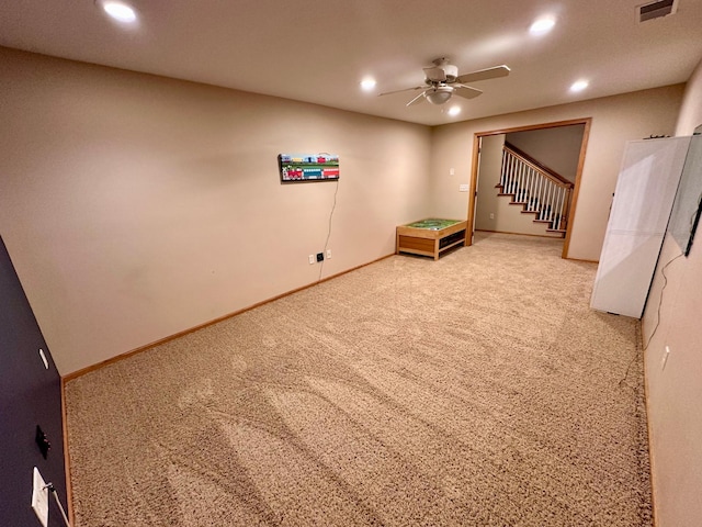 1201 Morningside Cir, Marshall, MN 56258 - below grade area with a ceiling fan, recessed lighting, carpet floors, and stairway