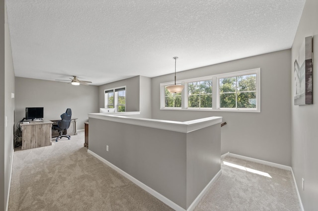 7850 242nd St, Wyoming, MN 55025 - corridor with an upstairs landing, a desk, light carpet, and a textured ceiling