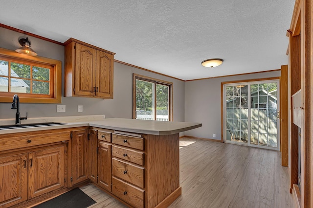 9353 Ideal Rd, Watab Twp, MN 56367 - kitchen featuring a peninsula, brown cabinets, ornamental molding, plenty of natural light, and light countertops