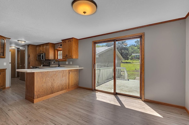 9353 Ideal Rd, Watab Twp, MN 56367 - kitchen featuring stainless steel microwave, stove, light wood-type flooring, a peninsula, and ornamental molding