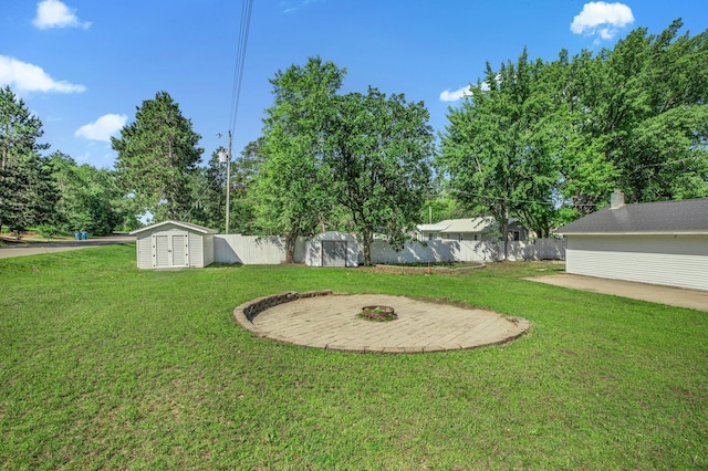 9353 Ideal Rd, Watab Twp, MN 56367 - fenced backyard featuring a shed, view of scattered trees, and a patio