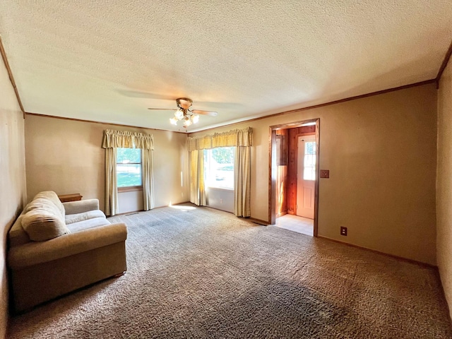 290 5th Ave, Granite Falls, MN 56241 - sitting room with ornamental molding, a ceiling fan, carpet flooring, and a textured ceiling