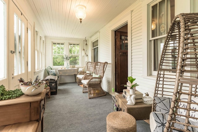 27960 County Highway 88, Carlisle Twp, MN 56537 - sunroom featuring carpet floors and wood ceiling