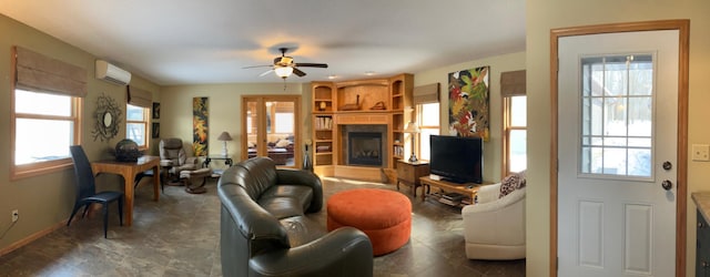 2040 Summit Dr, Cushing, MN 56443 - living area featuring healthy amount of natural light, ceiling fan, a glass covered fireplace, and a wall mounted air conditioner