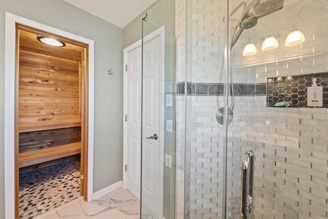 4936 210th St N, Forest Lake, MN 55025 - bathroom featuring a shower stall, marble finish flooring, and a relaxing sauna
