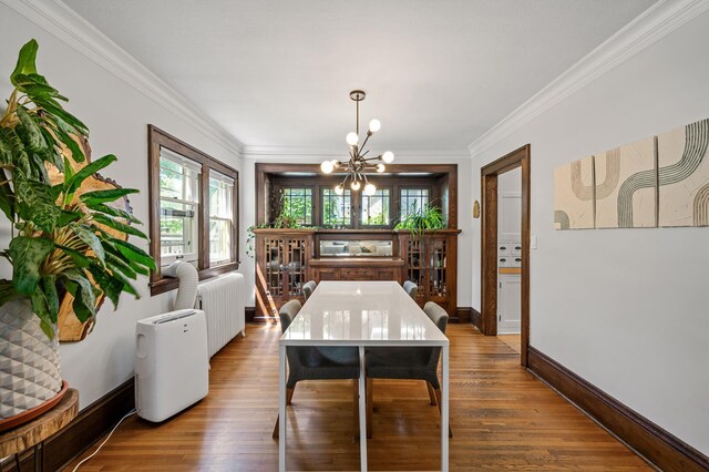3841 Columbus Ave, Minneapolis, MN 55407 - dining room with a chandelier, crown molding, wood finished floors, and radiator heating unit